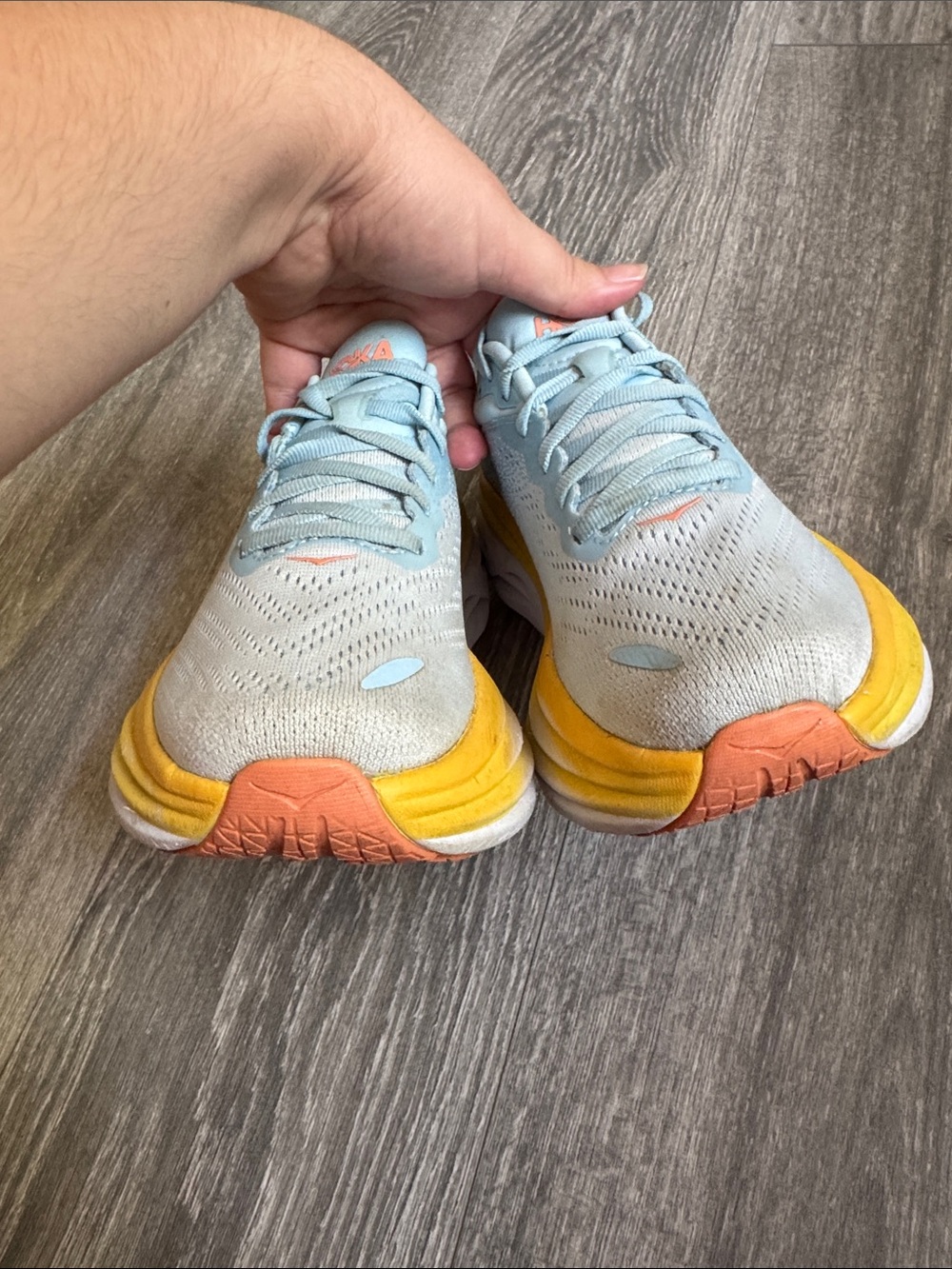 Hoka Bondi 8 Women's Pale Blue & Yellow Cushioned Running Shoes with Coral Logo - Picture 6 of 10